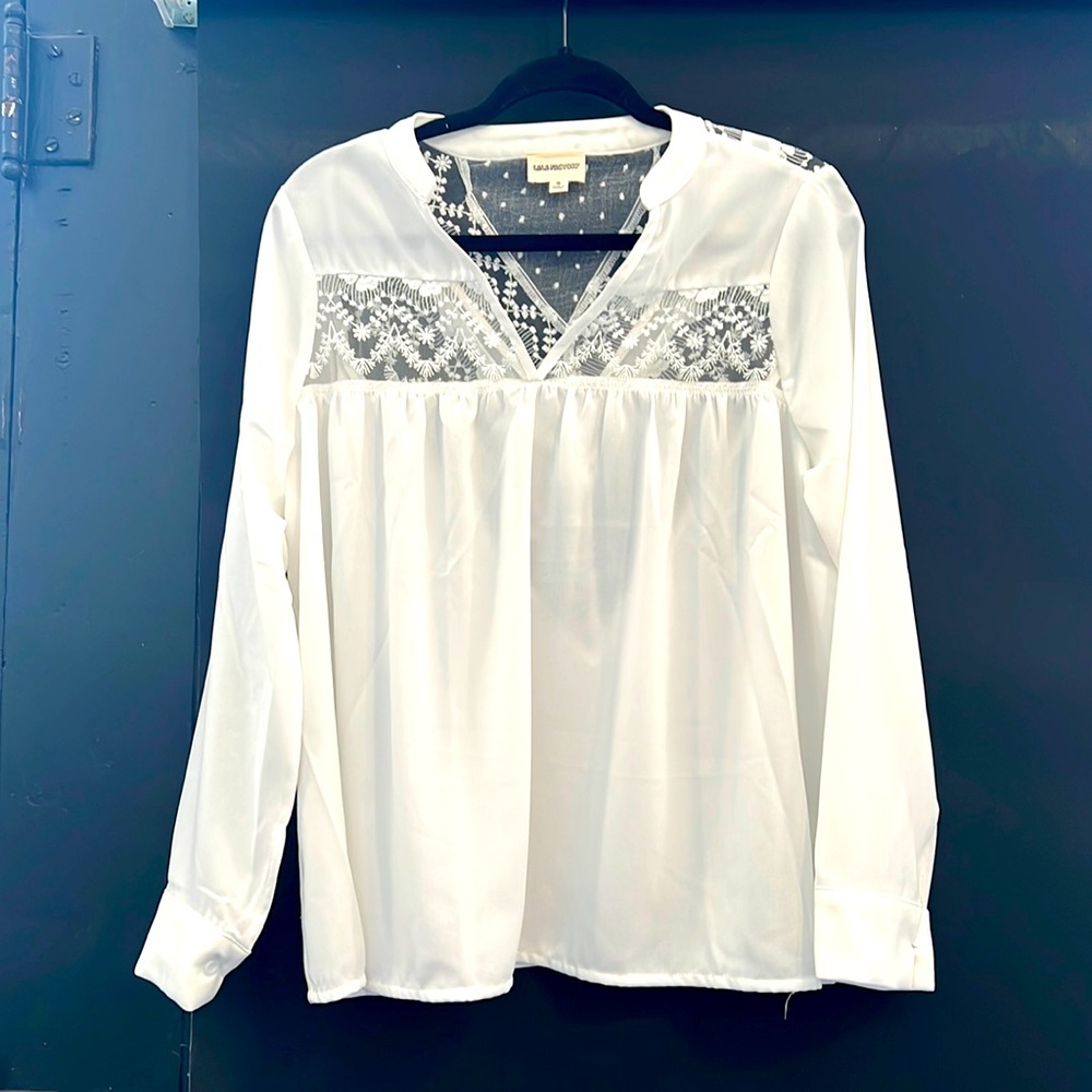 LaLa Factory white lace long sleeve blouse S M L